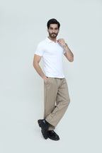 Classic white polo shirt and luxury pleated trousers set by theseventhstitch, featuring a clean, stylish look with tailored fit.