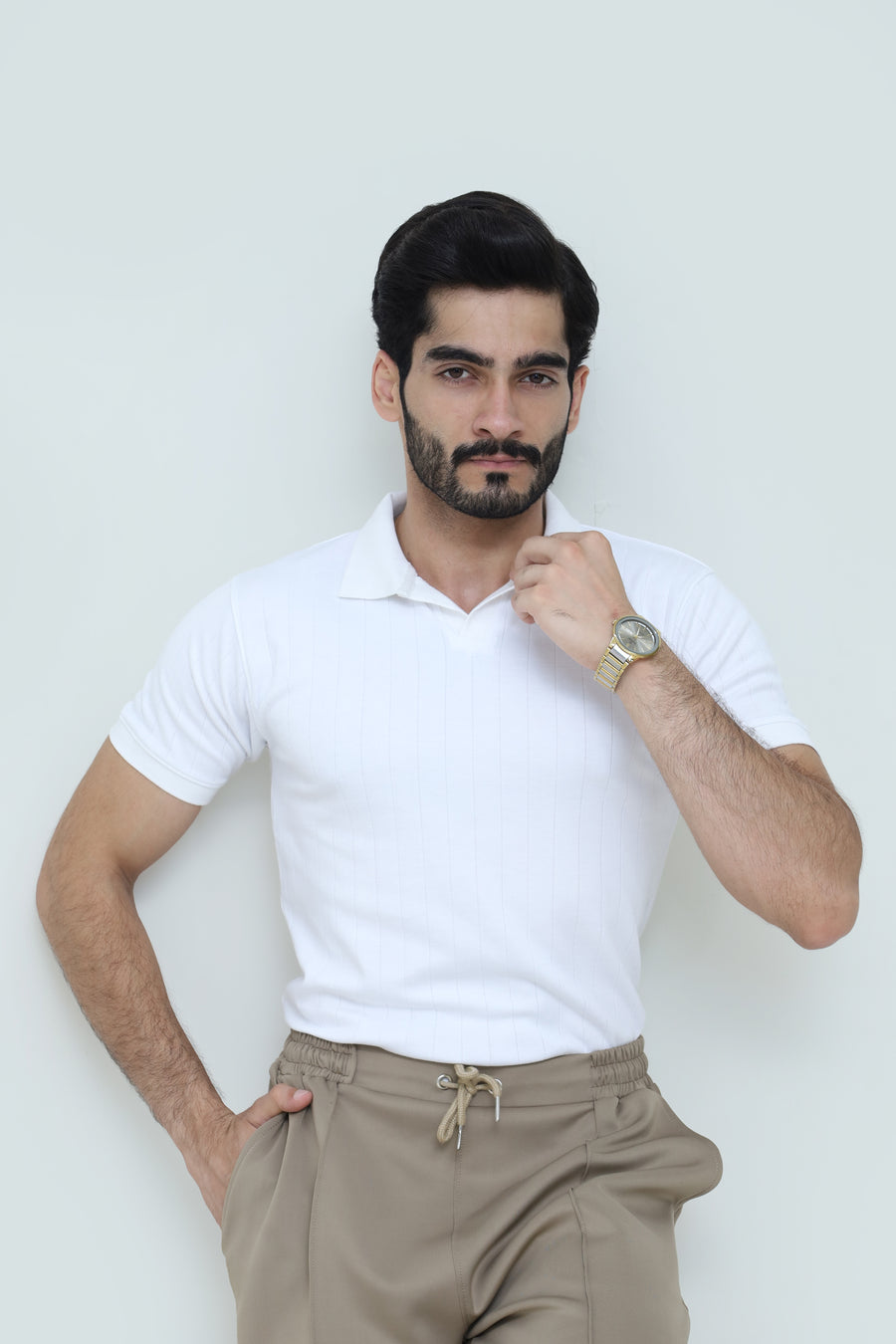 Classic White Polo & Luxury Pleated Trouser Set