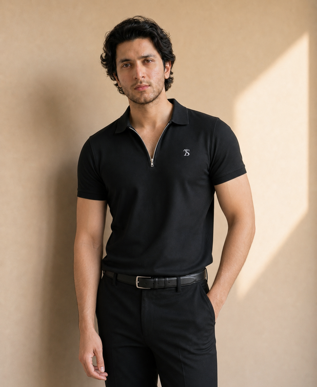 The Seventh Stitch Premium Black Zipper Polo Hover Image